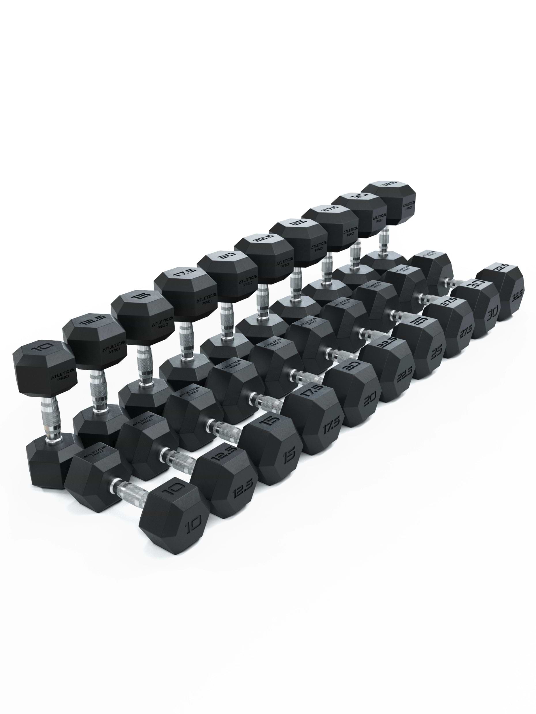 ATLETICA Hexagonhanteln PRO (SET 10 kg - 32.5 kg) | Polyurethan Hexagon Kurzhanteln | Dumbbells Pro - Gewichte mit bikonischem Griff mit Hartchrom Beschichtung | CNC gefräster Stahlkern 