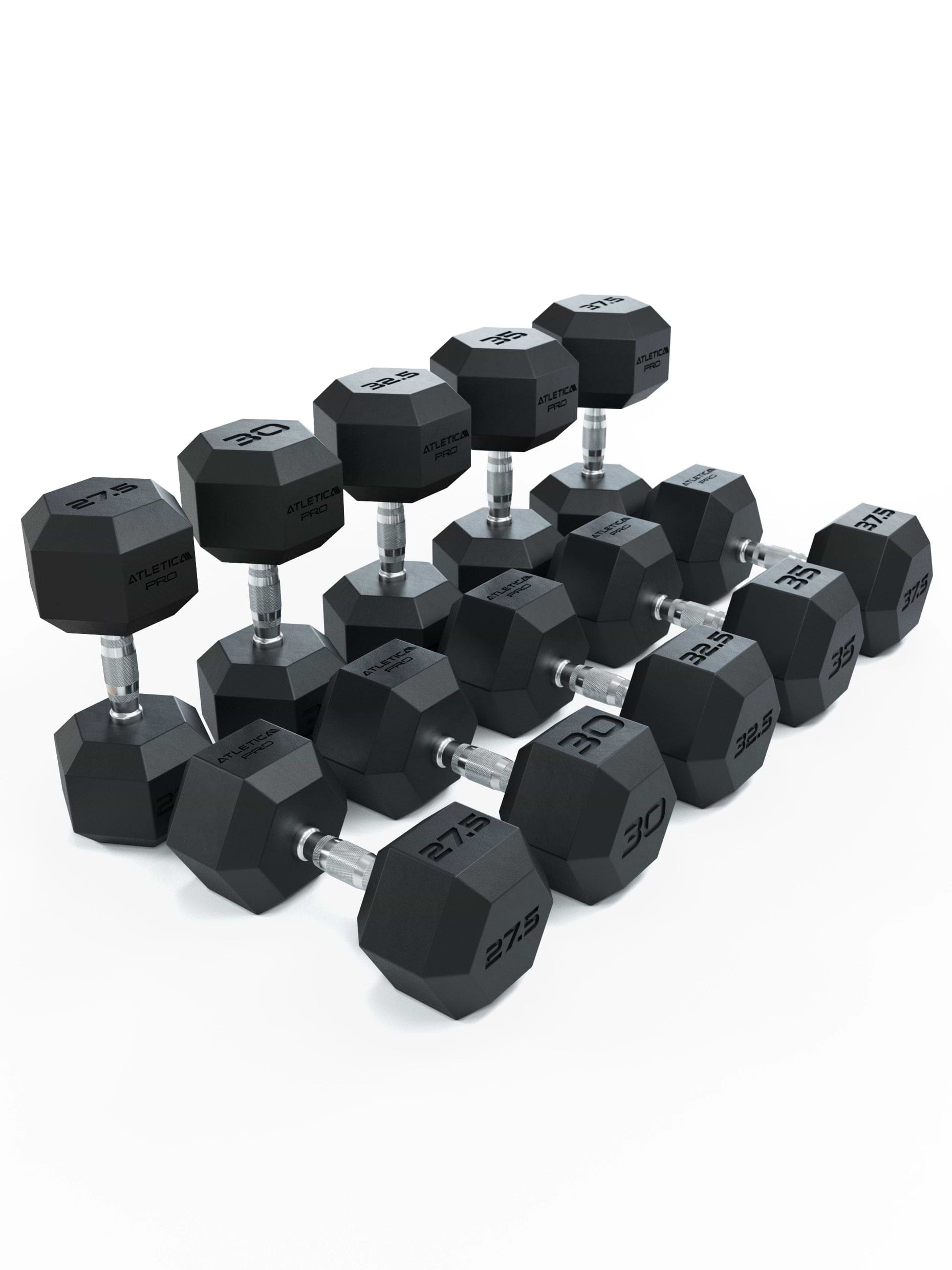 ATLETICA Hexagonhanteln PRO (SET 27.5 kg - 37.5 kg) | Polyurethan Hexagon Kurzhanteln | Dumbbells Pro - Gewichte mit bikonischem Griff mit Hartchrom Beschichtung | CNC gefräster Stahlkern 