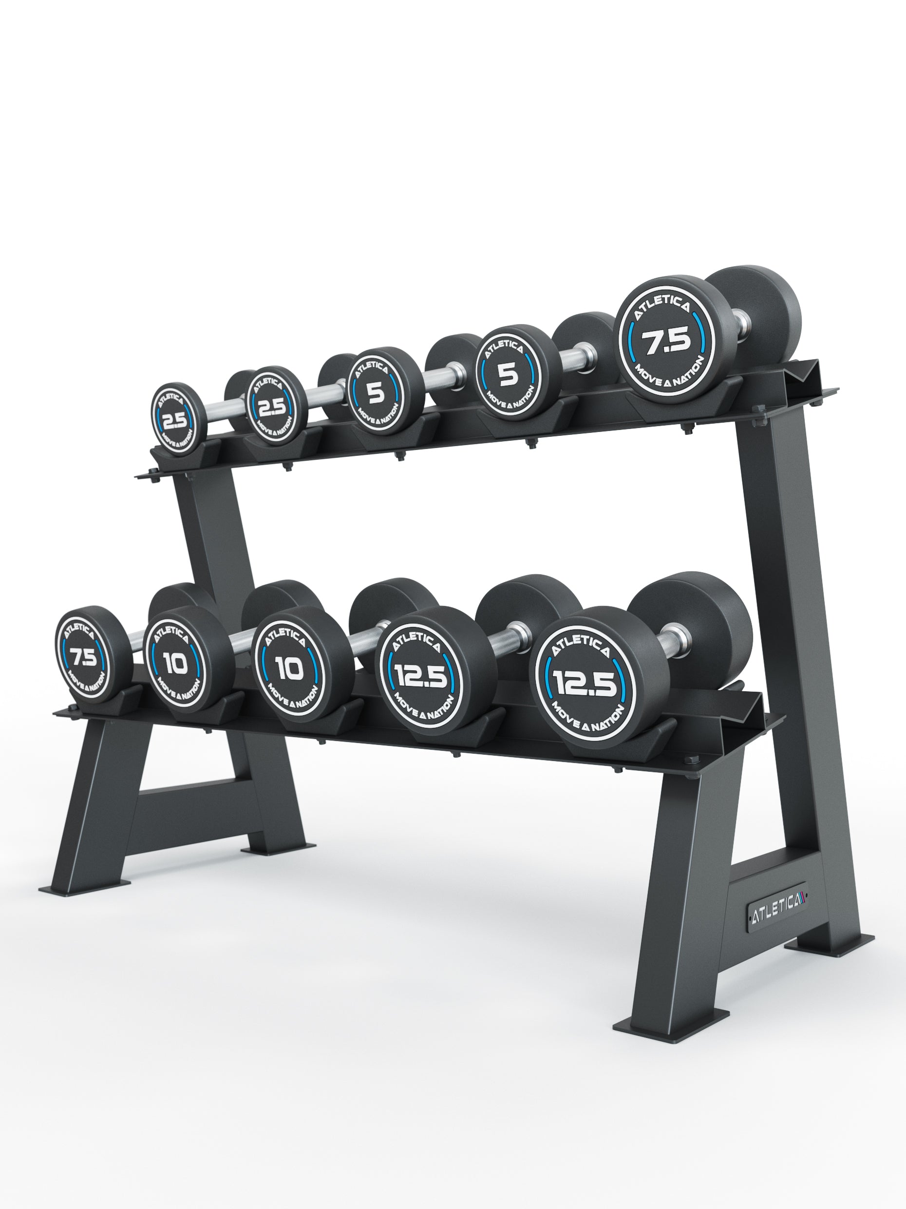 ATLETICA Rundhanteln Pro Beginner Set | 2.5 kg - 12.5 kg - auf einer Kurzhantelablage