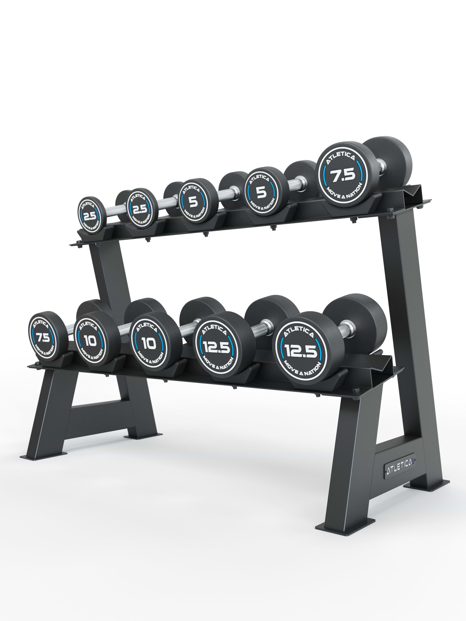 ATLETICA Rundhanteln Pro Beginner Set | 2.5 kg - 12.5 kg - auf einer Kurzhantelablage