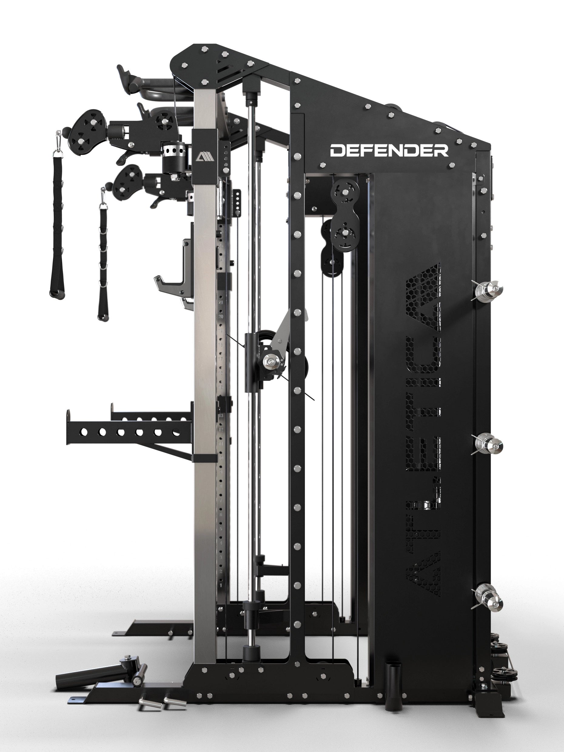 Kraftstation mit Multipresse Defender von Atletica: Plate Storage System und integrierte Langhantelhalterung