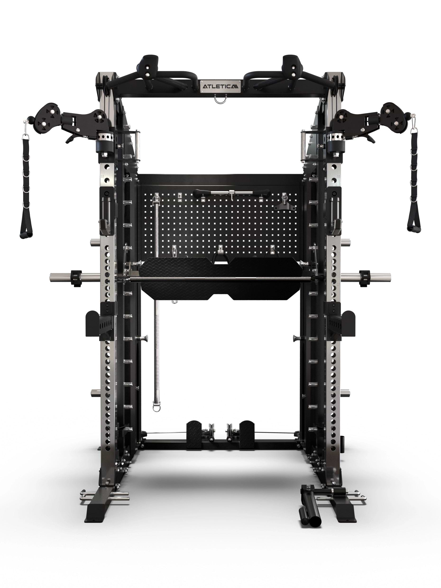 Multipresse Defender mit integrierter Aluminium-Langhantel und verstellbaren Kabelzügen mit 360°-Winkelverstellung für Crossover und Lat Pull