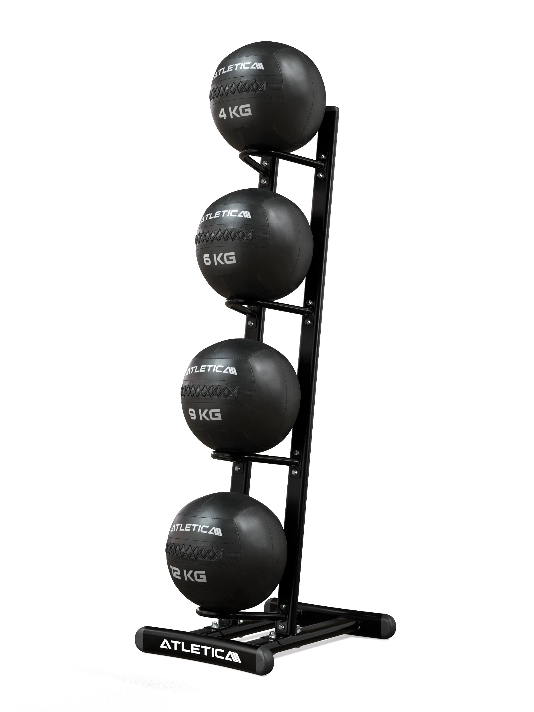 ATLETICA WallBall Ständer mit Wall Balls – Seitenansicht | platzsparende Aufbewahrung im Gym