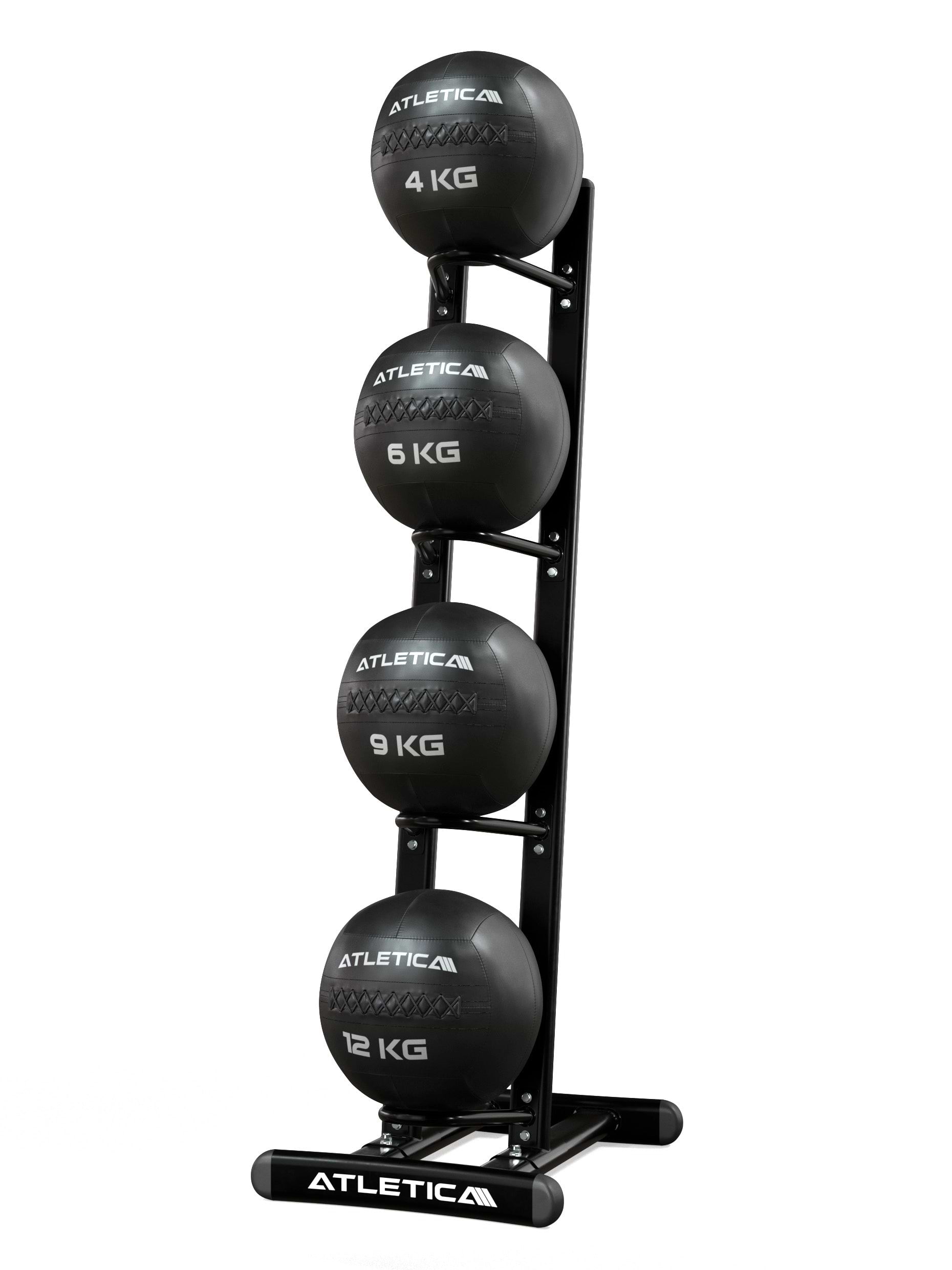 ATLETICA WallBall Ständer – frontvisning med 4 Wall Balls| 4, 6, 9 & 12 kg sikker verstaut
