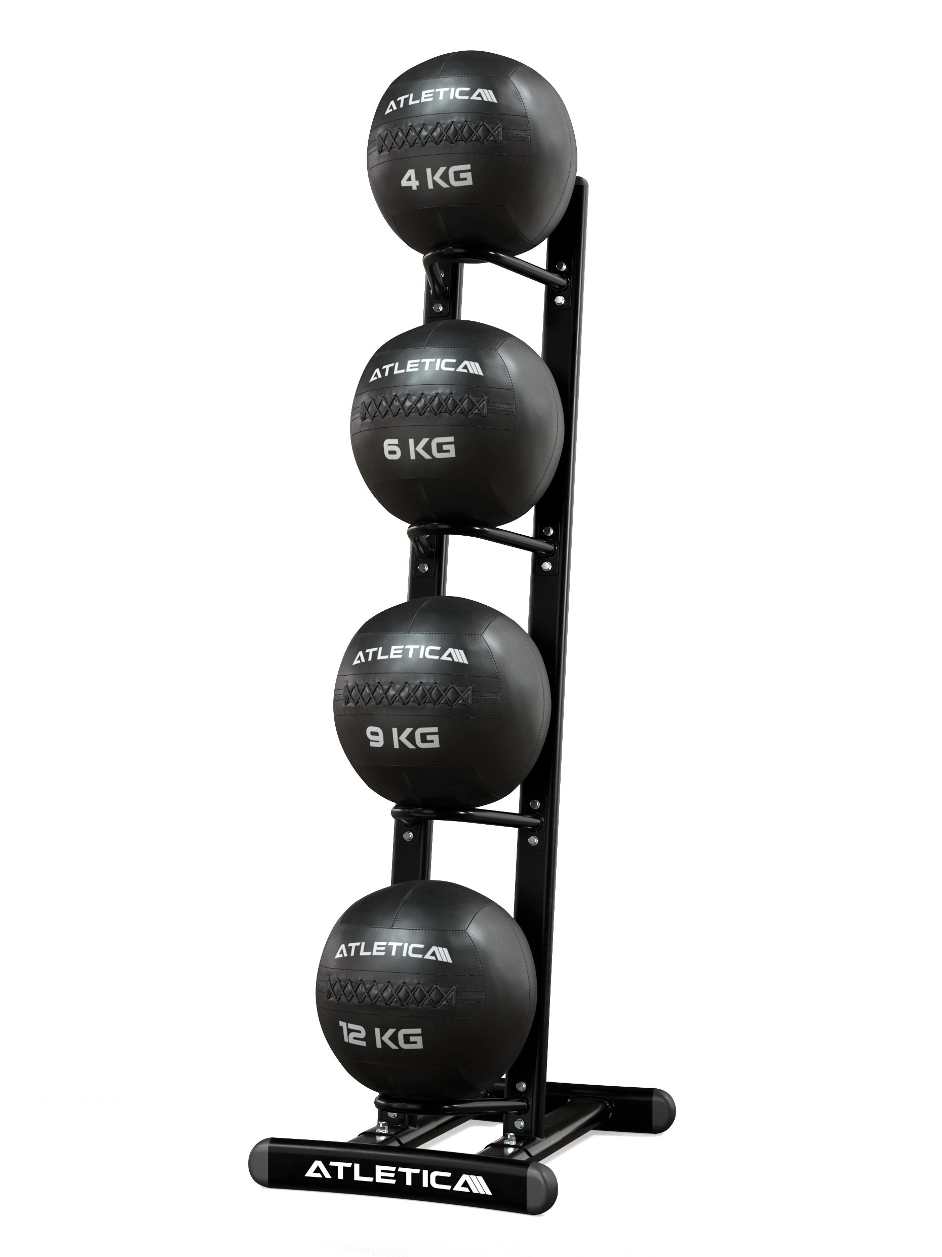 ATLETICA WallBall Ständer – frontvisning med 4 Wall Balls| 4, 6, 9 & 12 kg sikker verstaut