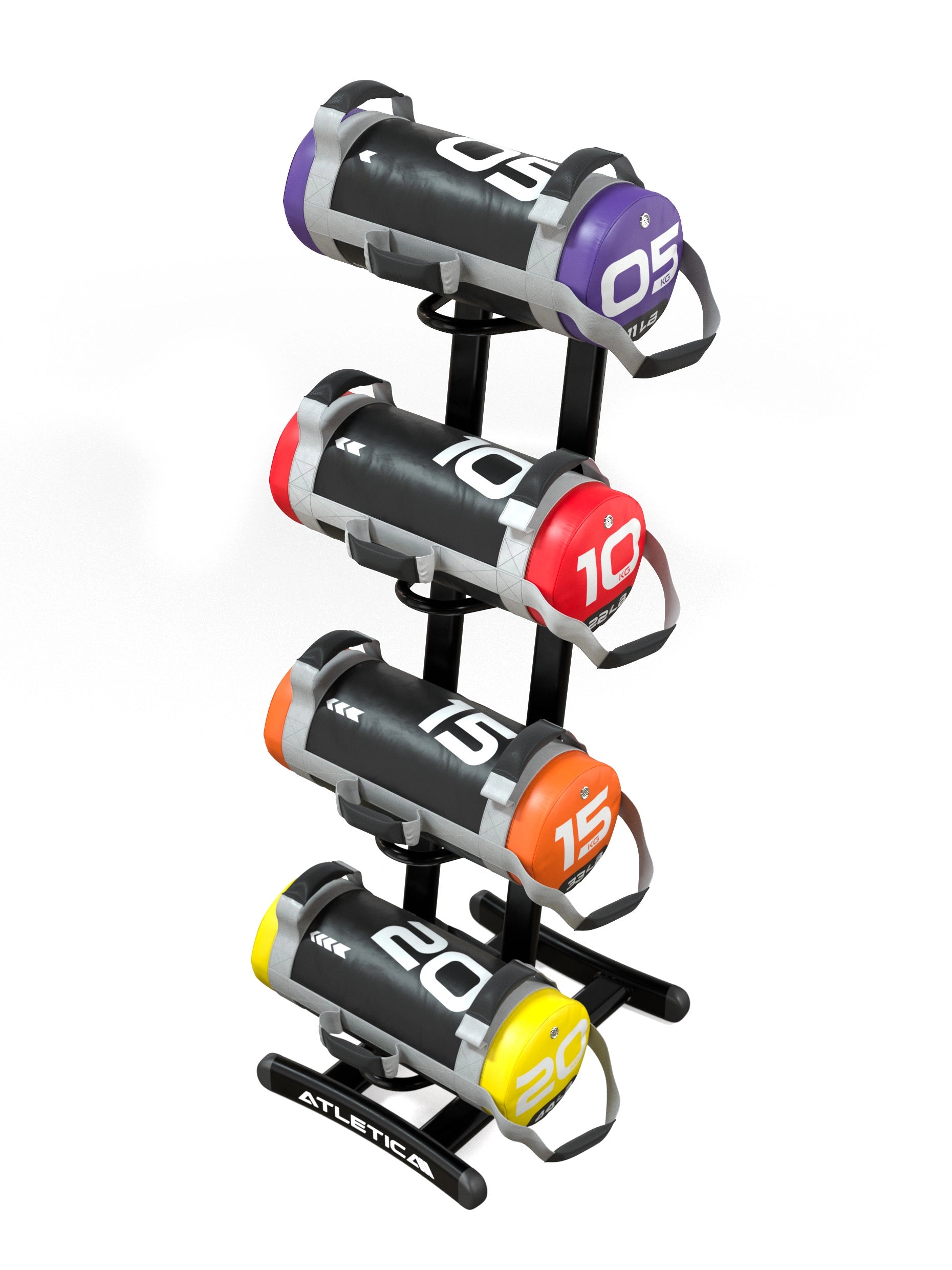ATLETICA WALLBALL STÄNDER MIT POWERBAGS SET 1 – SCHRÄGANSICHT| 5, 10, 15, 20 KG POWERBAGS