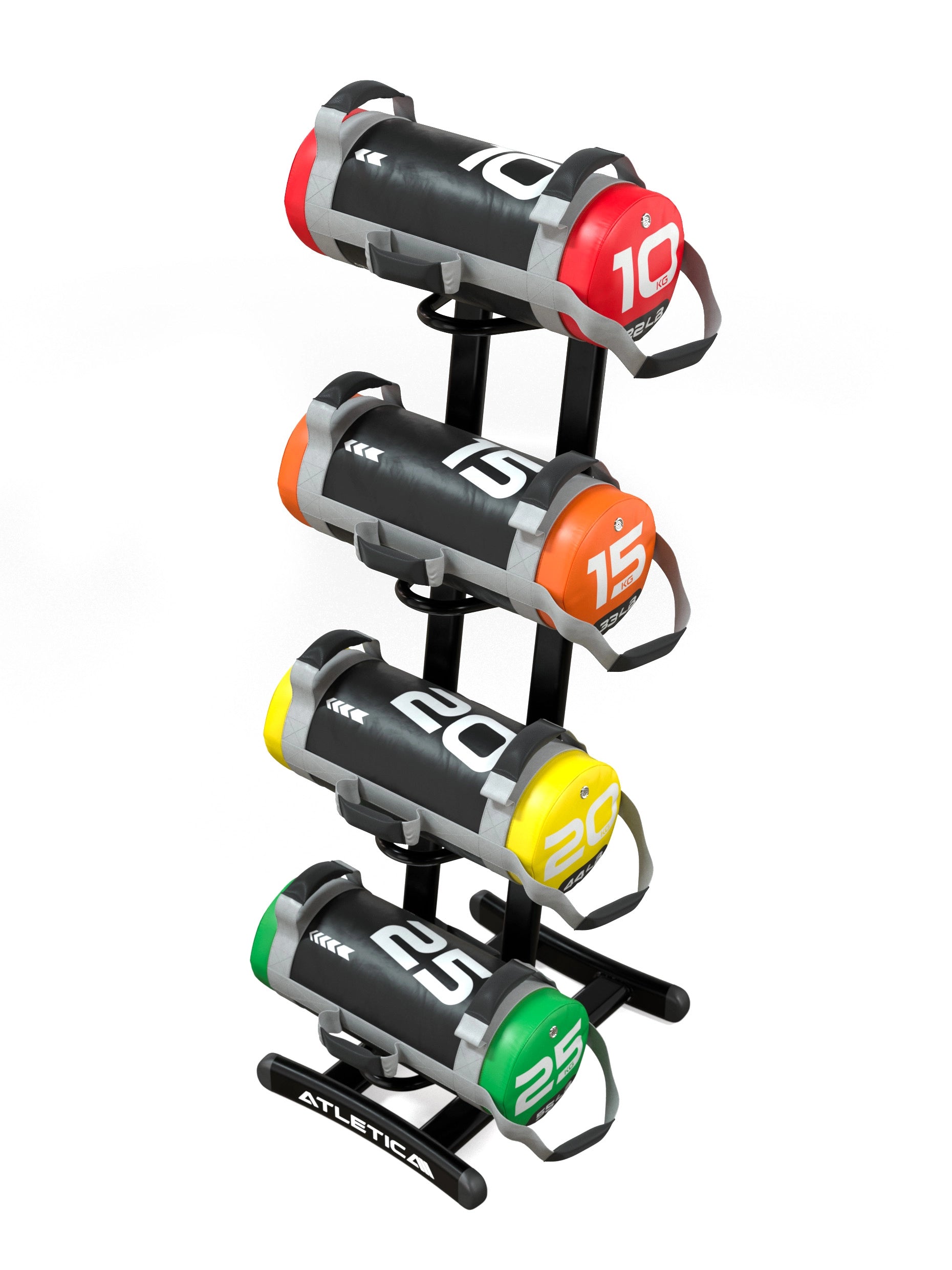 ATLETICA WALLBALL STÄNDER MIT POWERBAGS SET 2 – SCHRÄGANSICHT| 10, 15, 20, 25 KG POWERBAGS