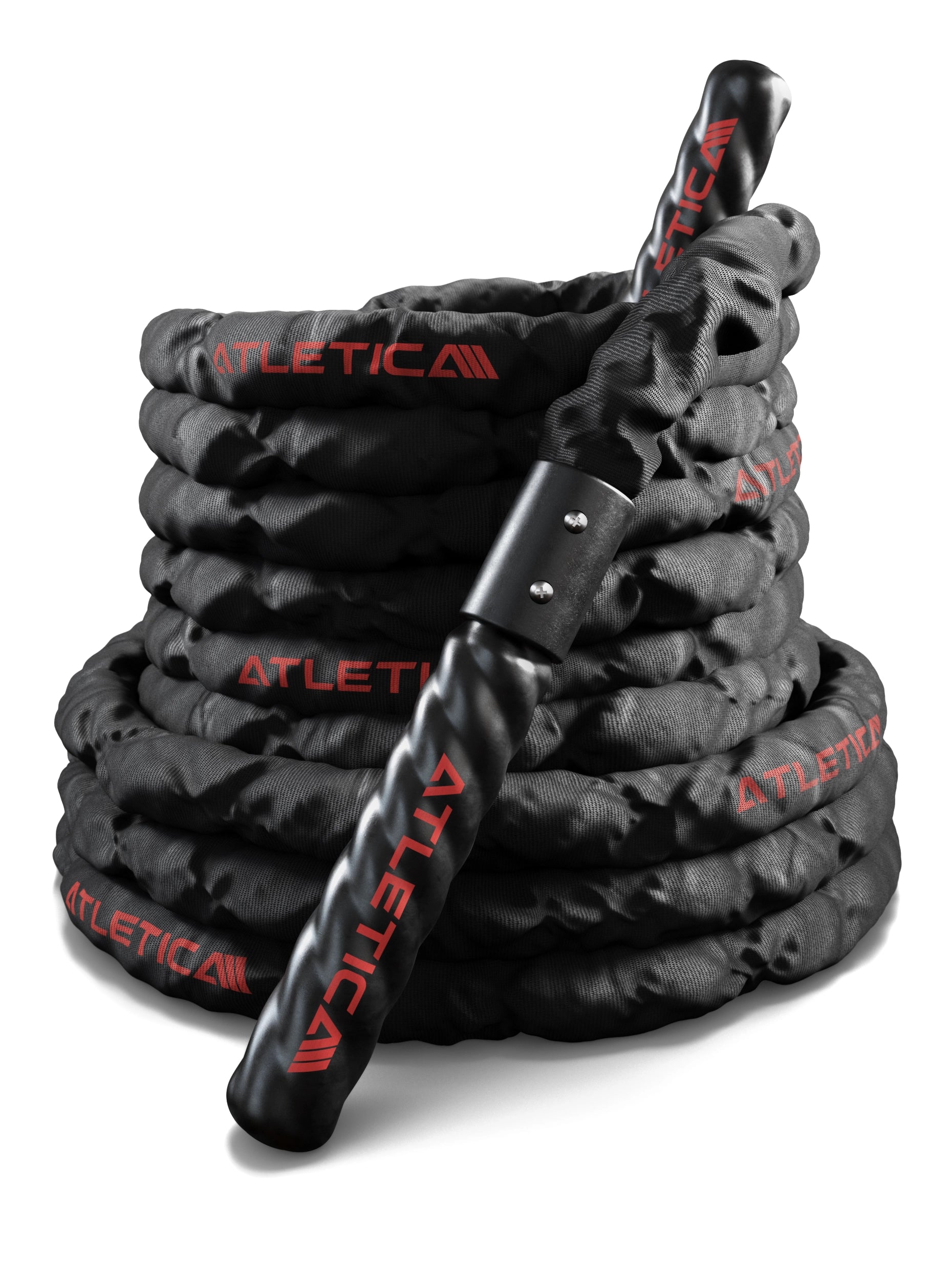 Atletica Battle Rope 15 m in schwarzer Ausführung mit roten Logos und ergonomischen Griffen aufgerollt dargestellt