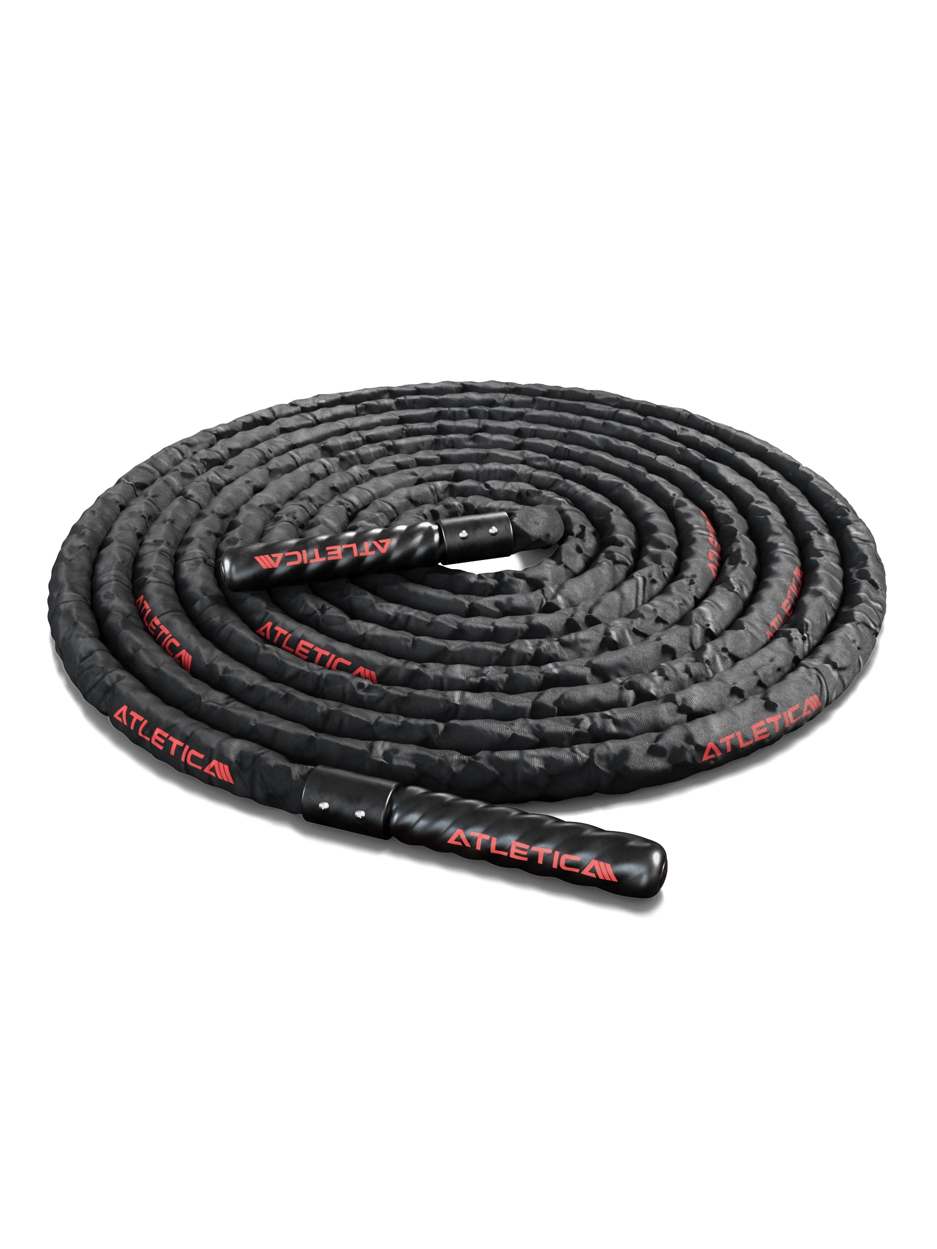Battle Rope 15 m von Atletica in Spiralform mit strukturiertem Seilmaterial und roten Markenakzenten