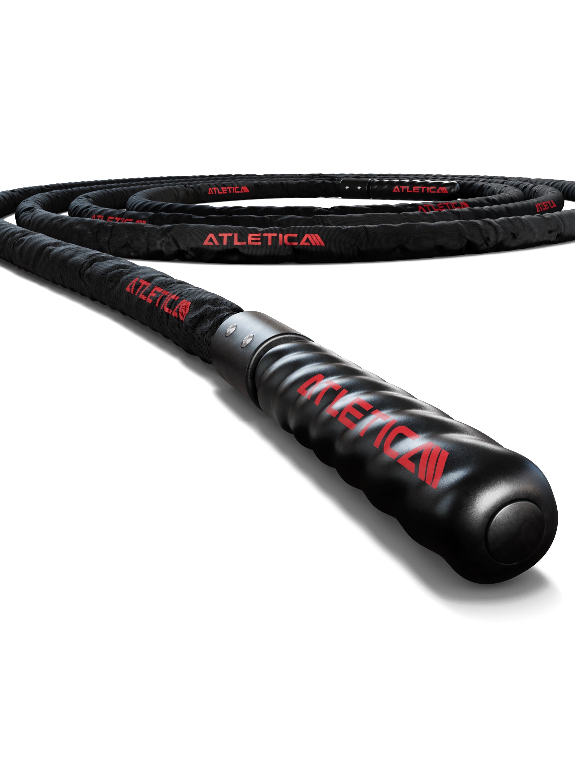Atletica Battle Rope 15 m Detailansicht des ergonomischen Griffs mit rotem Atletica Branding
