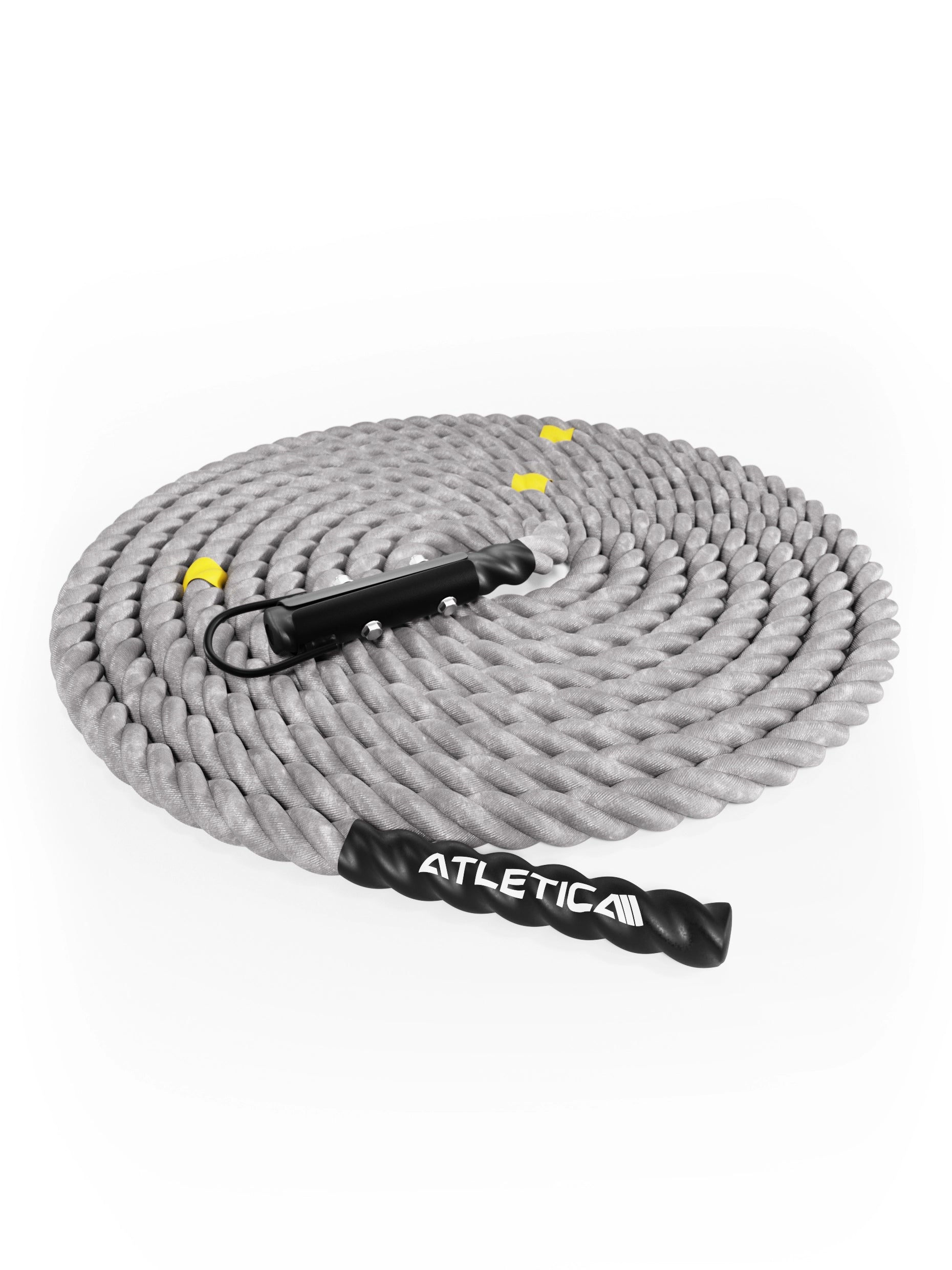 HRX Power Rope 15 m von Atletica zusammengerollt mit schwarzem Griff und gelben Markierungen