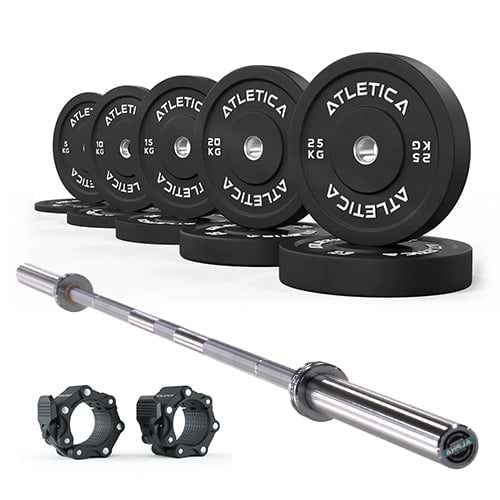 Langhantel Set mit Alpha Hantelstange in Chrome, Bumper Plates Set 150kg und Kautschuk Verschlüsse