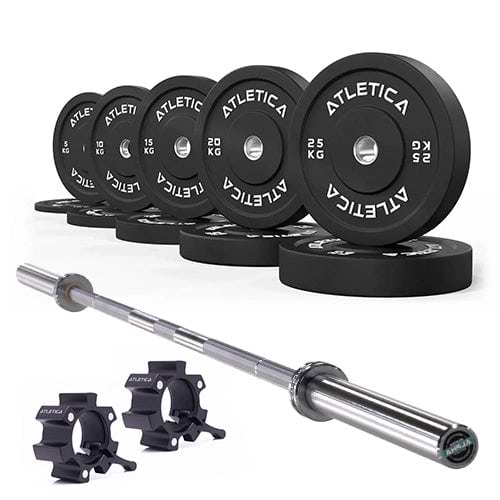 Langhantel Set Alpha mit Hantelstange in Chrome, schwarzen Bumper Plates 150 kg und Aluminium Verschlüssen
