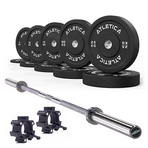 Langhantel Set Alpha mit Hantelstange in Chrome, schwarzen Bumper Plates 150 kg und Aluminium Verschlüssen
