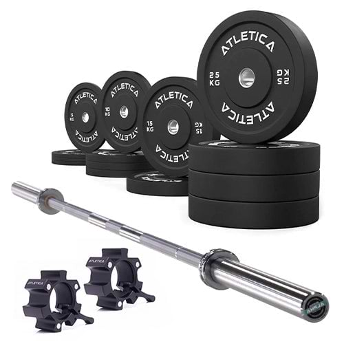 Langhantel Set Alpha mit Hantelstange in Chrome, schwarzen Bumper Plates 190 kg und Aluminium Verschlüssen