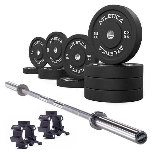 Langhantel Set Alpha mit Hantelstange in Chrome, schwarzen Bumper Plates 190 kg und Aluminium Verschlüssen