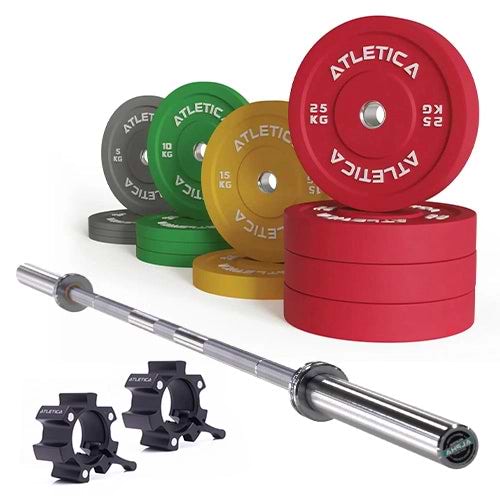Langhantel Set Alpha mit Hantelstange in Chrome, Color Bumper Plates 190 kg und Aluminium Verschlüssen