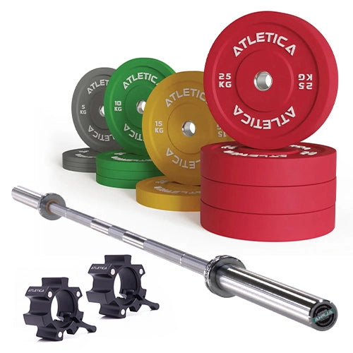 Langhantel Set Alpha mit Hantelstange in Chrome, Color Bumper Plates 190 kg und Aluminium Verschlüssen