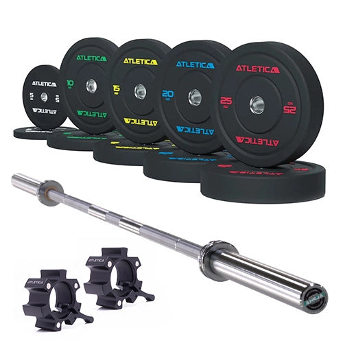 Langhantel Set Alpha mit High Temp Bumper Plates 150 kg und Aluminium Verschlüssen für funktionelles Krafttraining