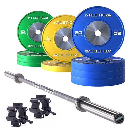 Langhantel Set Alpha mit Competition Plates 150 kg und Aluminium Verschlüssen für olympisches Gewichtheben
