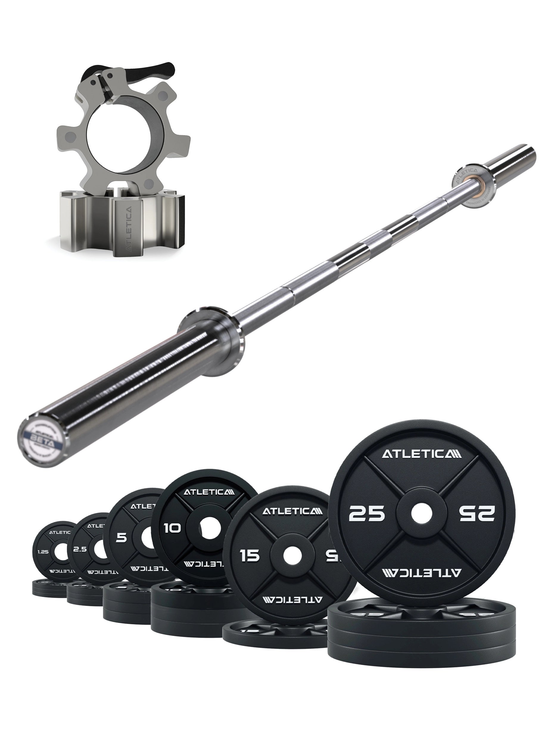 Iron Plates Set 205kg mit Beta Langhantel und Verschlüsse in Chrome