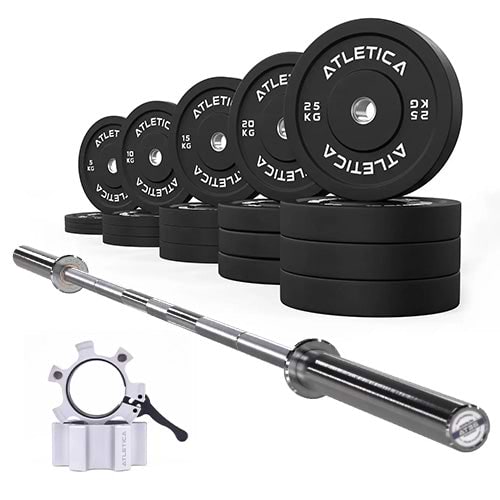 Beta Langhantel in Chrome mit 300kg Bumper Plates und weißen Verschlüssen