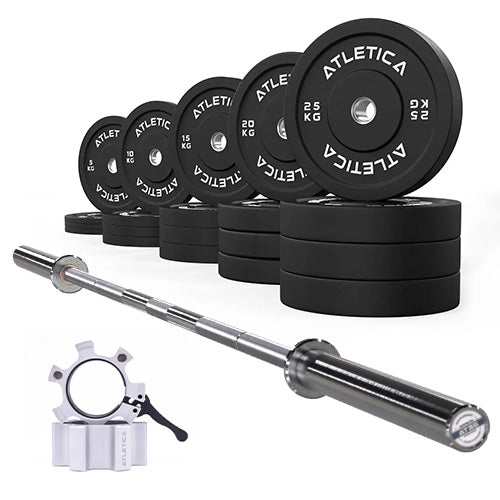 Beta Langhantel in Chrome mit 300kg Bumper Plates und weißen Verschlüssen