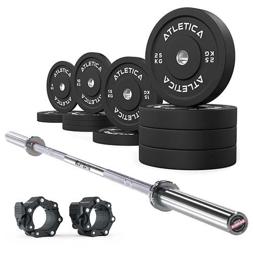 Atletica Langhantel Set: Gamma Hantelstange in Chrome, 190kg Bumper Plates und Kautschuk Verschlüsse