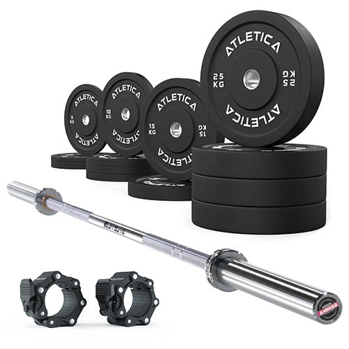 Barre olympique Gamma Chrome | Disques bumper noirs 190 kg | Colliers en aluminium