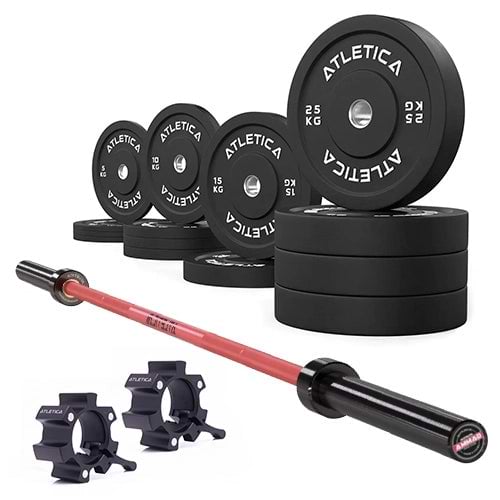 Gamma Langhantel Red mit schwarzen Bumper Plates 190 kg und Aluminium Collars für Krafttraining