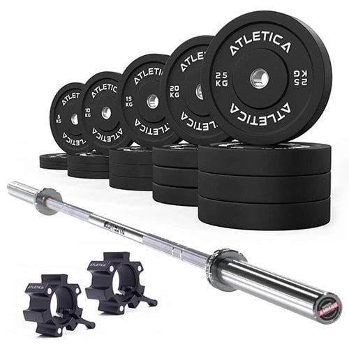 Gamma Langhantel Chrome mit schwarzen Bumper Plates 300 kg und Aluminium Hantelverschlüssen