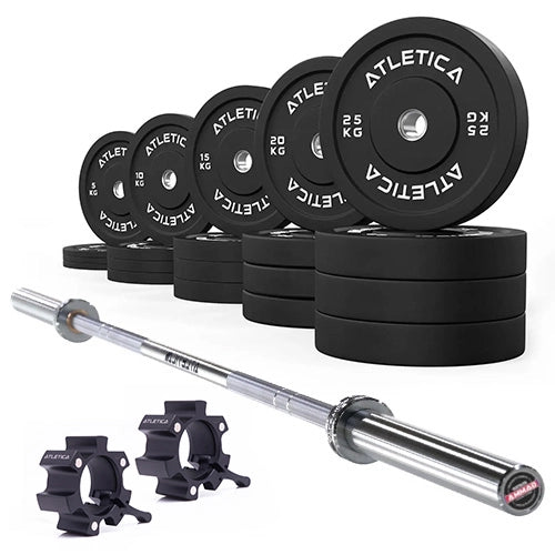Gamma Langhantel Chrome mit schwarzen Bumper Plates 300 kg und Aluminium Hantelverschlüssen
