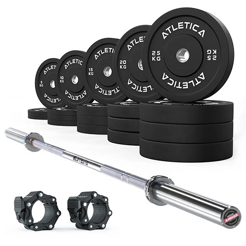 Barre olympique Gamma Chrome | Disques bumper noirs 300kg | Colliers de serrage en aluminium
