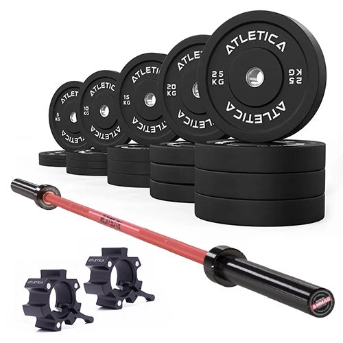 Gamma Langhantel Red mit schwarzen Bumper Plates 300 kg und Aluminium Hantelverschlüssen