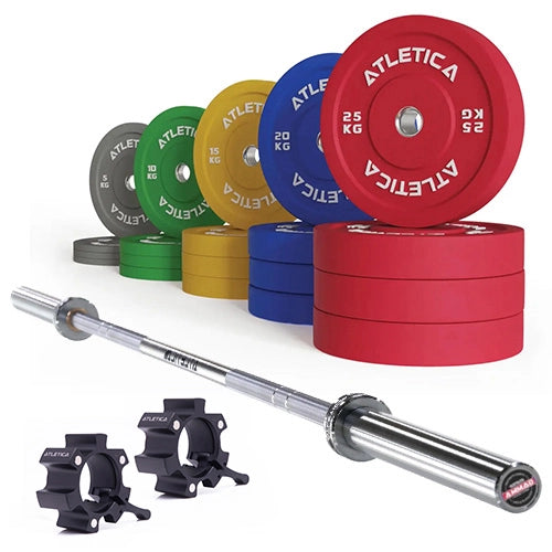 Langhantel Set Gamma Chrome mit Color Bumper Plates 300 kg, olympischer Langhantel und Aluminium Collars