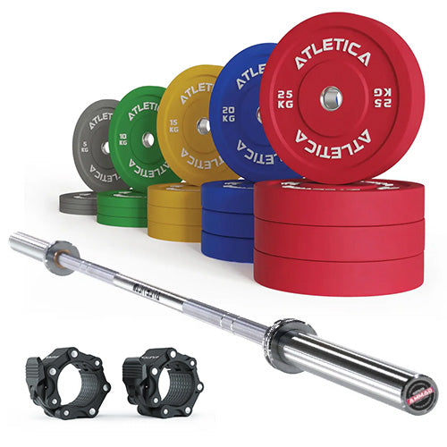 Set Barre olympique Gamma Chrome I Set Disques bumper colorés 300kg I Colliers Aluminium