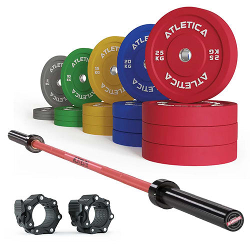 Set barre olympique Gamma Red I Set disques bumper colorés 300kg I Colliers en aluminium