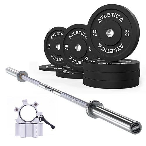 Langhantel SET Delta Chrome | 90kg Bumper Plates Schwarz | Alu Verschlüsse weiß
