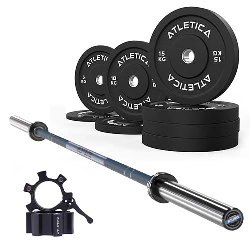 Langhantel SET – Delta Dark Blue | 90kg Bumper Plates Schwarz | Aluminium Verschlüsse Schwarz