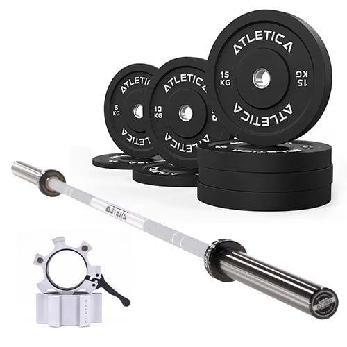 Langhantel Set Delta White | Bumper Plates Schwarz 90kg | Aluminium Hantelverschlüsse