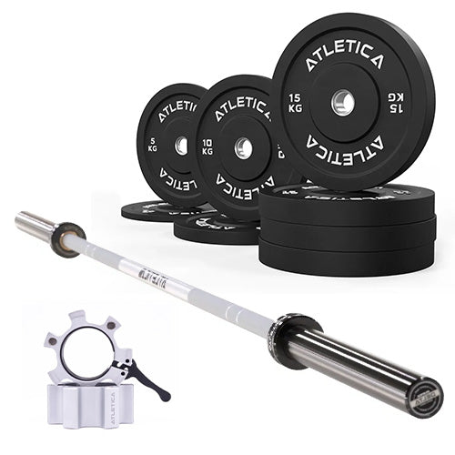 Langhantel Set Delta White | Bumper Plates Schwarz 90kg | Aluminium Hantelverschlüsse