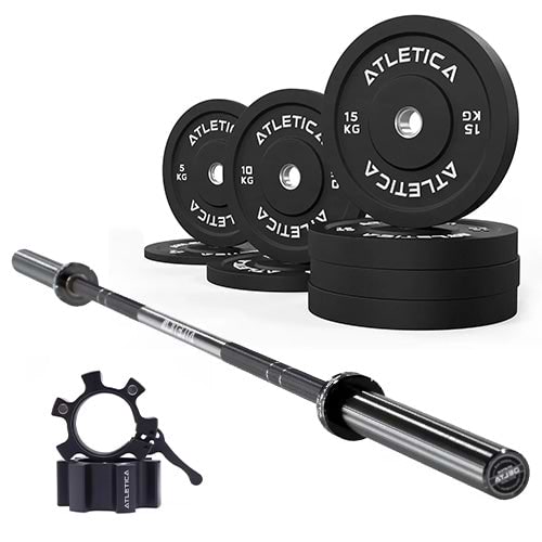Langhantel Set Delta | Bumper Plates Schwarz 90g | Aluminium Hantelverschlüsse