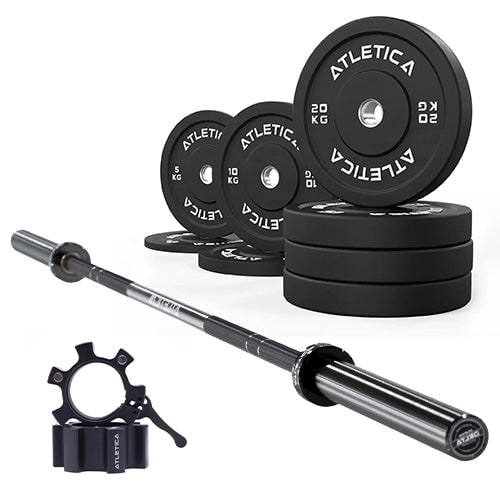 Atletica Langhantel Set: Delta Hantelstange in Schwarz, 110kg Bumper Plates und Aluminium Verschlüsse in schwarz