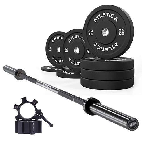 Atletica Langhantel Set: Delta Hantelstange in Schwarz, 110kg Bumper Plates und Aluminium Verschlüsse in schwarz
