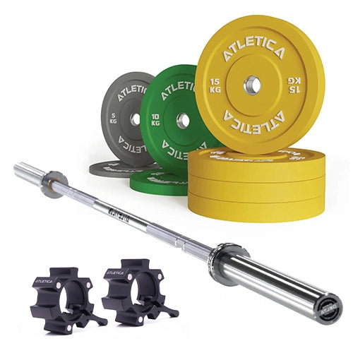Delta Langhantel Set - Hantelstange in Chrome, Color Bumper Plates 90 kg und Aluminium Verschlüsse 