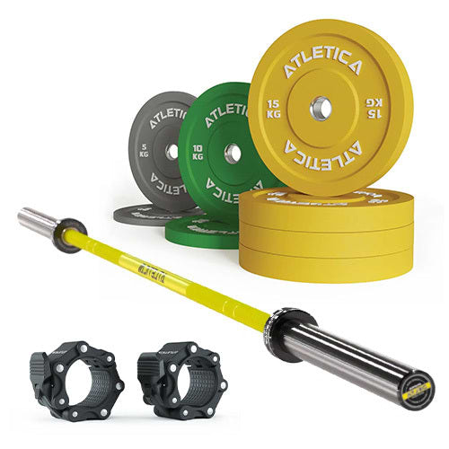 Gryf Delta Electric Yellow w zestawie I Zestaw kolorowych talerzy Bumper 90 kg I Zaciski Pro