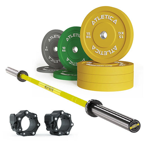 Gryf Delta Electric Yellow w zestawie I Zestaw kolorowych talerzy Bumper 90 kg I Zaciski Pro