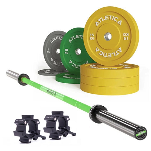 Delta Langhantel Set - Hantelstange in Electric Green, Color Bumper Plates 90 kg und Aluminium Verschlüsse