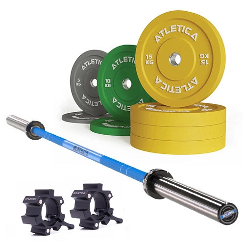 Delta Langhantel Set - Hantelstange in Electric Blue, Color Bumper Plates 90 kg und Aluminium Verschlüsse