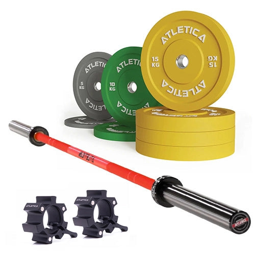 Delta Langhantel Set - Hantelstange in Electric Red, Color Bumper Plates 90 kg und Aluminium Verschlüsse